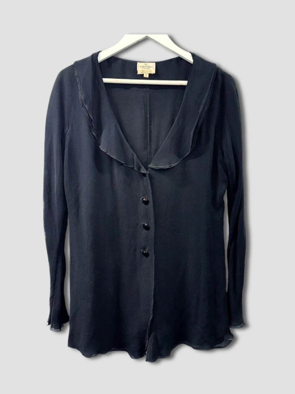 VALENTINO VINTAGE BLACK RUFFLE COLLAR BUTTON UP SHIRT BLOUSE RELAXED